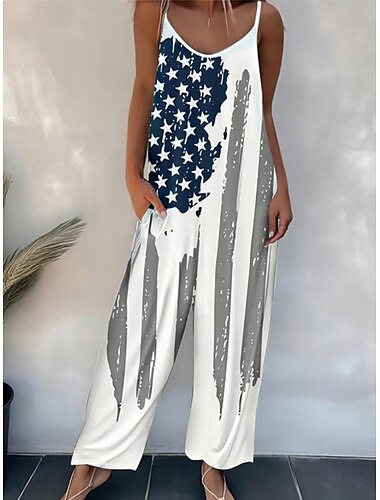  Unabhängigkeitstag Frauen Patriots vierten Juli Jumpsuit Urlaub Vintage Ethnischer Stil Lange Hosen Hohe Taille Flaggen Zugschnur Nicht elastisch Formal Urlaub Straße Schwarz Rot Grün aschfarben