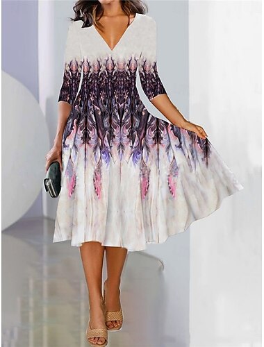  Damen Maxikleid A Linie Kleid Halbformelle Kleider Büro Normale Passform Blumen Dreiviertelarm V Ausschnitt Schwarz Blau Purpur Grün Frühling Herbst