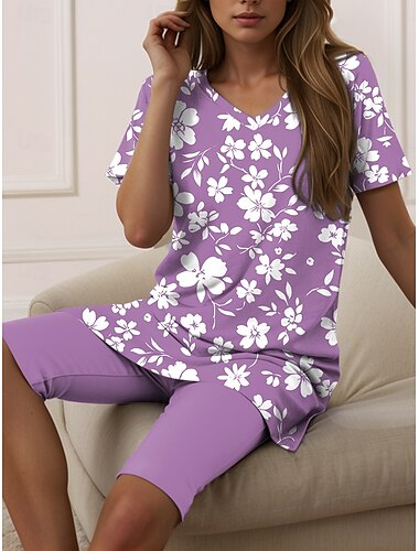  Damen Mode T Shirt Shorts-Sets Kurzarm V Ausschnitt Blumen Grafik Druck Lässig Täglich Blau Purpur Grün Sommer Lässiger Schnitt