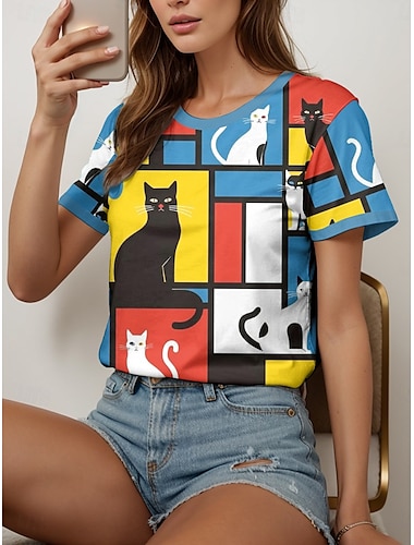  Damen T Shirt Grafik Geometrisch Katze Vintage Stilvoll Klassisch Kurzarm Rundhalsausschnitt Rundhals Normale Oberteile Täglich Wochenende Druck Gelb Rote Blau Sommer Frühling