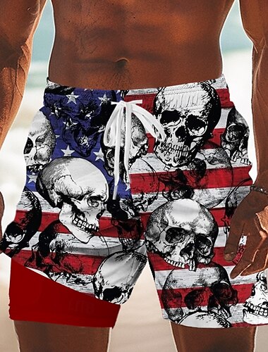  Tag der Unabhängigkeit Herren US Flagge Patriotisch Totenkopfe Gefütterte Shorts 2 in 1 Badeshorts Badehosen Mittlere Taille Ferien Seitentaschen Mit Kompressionsfutter Elastischer Kordelzug in der