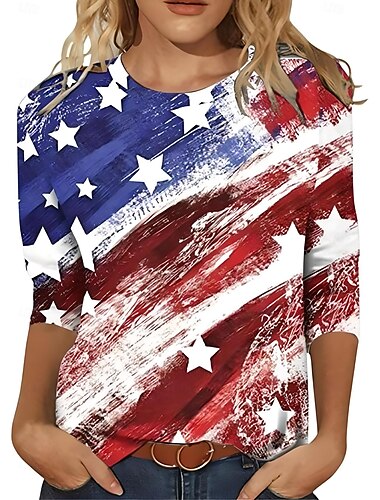  Amerikanischer Unabhängigkeitstag Damen T Shirt Grafik Amerikanische Flagge Vintage Stilvoll Klassisch Langarm Rundhalsausschnitt Rundhals Normale Oberteile Täglich Wochenende Druck Weiß Rote