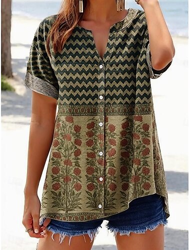  Damen Bluse Blumen Grafik Vintage Tropisch Stilvoll Ärmellos Kurzarm V Ausschnitt Normale Oberteile Täglich Knöpfe Druck Blau Orange Khaki Sommer Frühling