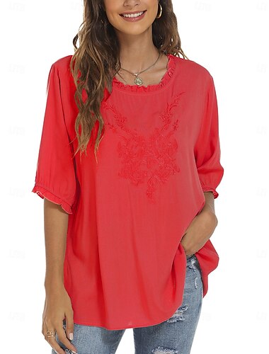  Dame Skjorte Helfarge Blomstret Fritid Bohem 3/4 ermer 3/4-ermer Crew-hals Vanlige topper Daglig Ut på byen Drapering Broderi Svart Hvit Rød Kakifarget Sommer