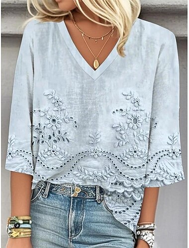  Per donna Blusa Floreale Grafico Elegante Casual Spiaggia Manica 3/4 Scollo a V Top Regolari Quotidiano Ferie Uscire Stampato Bianco Rosa Blu Estate Primavera