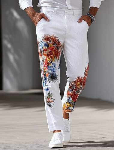  Voor heren Bloemenprint Bloemen Pakken Broek Kostuumbroek Medium Taille Casual Buiten Vakantie Normale pasvorm Platte voorkant Rechte broek met zakken Zomer Lente Herfst 3D-afdrukken Wit