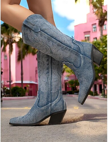  damskie kowbojskie buty z denimu w stylu western z haftowanymi detalami – zabytkowe buty na grubym obcasie do połowy łydki na festiwale, imprezy rodeo i codzienne, swobodne noszenie
