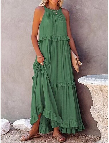  Damen Maxikleid A Linie Kleid Rüschenkleid Lässig Outdoor Ausgehen Normale Passform Einfarbig Ärmellos Neckholder Weiß Rosa Marineblau Grün Sommer