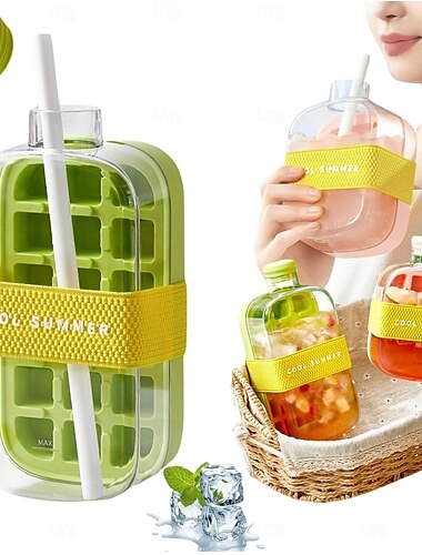  Eiswürfelflasche mit Strohhalm für kühle Sommer, My Crush Cup Eiswürfelbehälter für Wasserflaschen, 2-in-1 tragbarer berührungsloser Eiswürfelbereiter mit Deckel und Behälter für schnelle