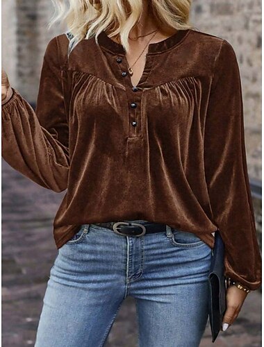  Femmes Chemise Couleur Unie Tropical Occasionnel manche longue Col en V Hauts Réguliers Quotidien Bleu Marron Automne Hiver