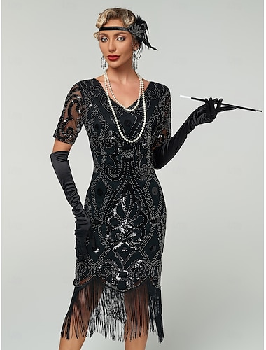  Retro Vintage Goldene Zwanziger 1920er Flapper Kleid Kleid Outfits Der große Gatsby Hochzeitsgast Pailletten Quastenfransen Damen Weihnachten Halloween Karneval Party & Abend Hochzeitsempfang
