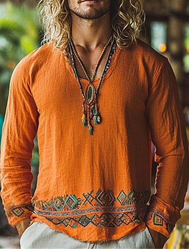 Herren Leinenhemd Sommerhemd Vintage-Shirt Ethno-Hemd Langarmshirt Argyle Urlaub Straße Orange Langarm Rundhalsausschnitt Sommer Frühling Bekleidung Mittelalterlicher Ritter