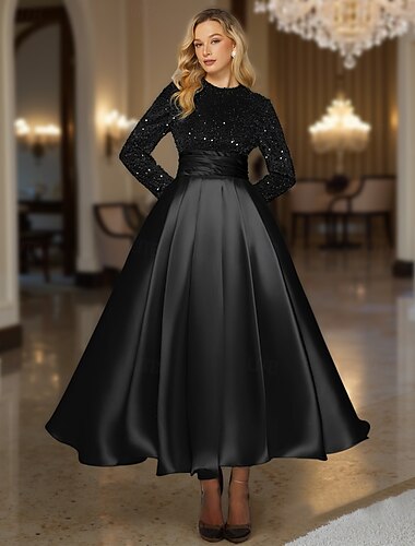 grün-schwarzes Ballkleid A-Linie Pailletten Cocktailkleider elegante formelle Hochzeit Knöchellänge Langarm Rundhalsausschnitt abnehmbarer Satin mit Faltentasche 2025