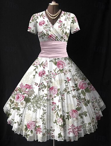  Damen Midikleid Sommerkleid Figurbetontes Kleid Urlaub Party Lässig Hochzeit Party Hochzeitsgast Normale Passform Blumen Grafik Kurzarm V Ausschnitt Schwarz Rosa Grün Beige Sommer