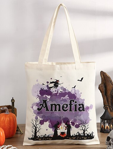  Pungă personalizată cu nume pentru dulciuri de Halloween pentru copii, coșuleț personalizat cu bomboane pentru Halloween, tip „trick or treat”, pungă cadou din pânză cu font și model personalizate,