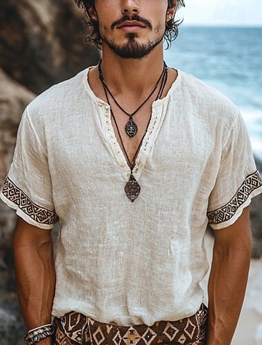  Hombre Camiseta Henley Shirt Tee Camisa manga corta Manga Corta Henley Verano Retazos Bordado Bohemia Vintage Casual Botones Vacaciones Calle Casual Diario Blanco Camiseta superior para hombre