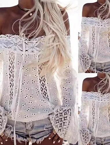  Damen Bluse Spitzentops Einfach Modern Lässig Langarm Schulterfrei Normale Oberteile Täglich Ausgehen Spitze Fransen Weiß Sommer