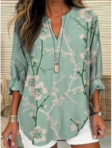  Damen Hemd Blumen Stilvoll Modern Langarm V Ausschnitt Normale Oberteile Täglich Ferien Knöpfe Druck Rosa Rote Blau Grün Sommer