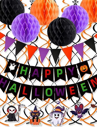  Halloween-Party-Dekorationsset, hängende Banner für Geburtstage und Familienschulen, Dreiecksflaggen und Wabenbälle für die festliche Dekoration zu Hause und im Klassenzimmer