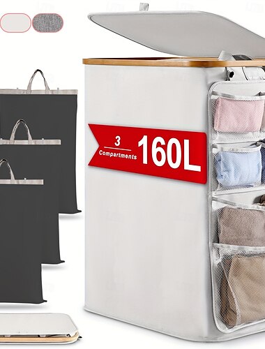  Wäschekorb mit Seitentaschen und 3 Innentaschen, 140 l großer faltbarer Papierkorb-Organizer, Wäschekorb aus 600d Oxford-Gewebe für Badezimmer, Zuhause, neben der Waschmaschine