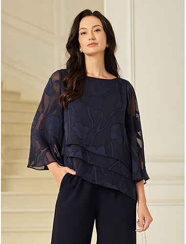  Dames Kanten overhemd Blouse Geklede topjes Chiffon-topjes Effen Kleur Bloemig Grafisch Elegant Stijlvol Basic Halve mouw Flutter mouw Boothals Normale tops Bruiloft gast Werk Dagelijks Asymetrische