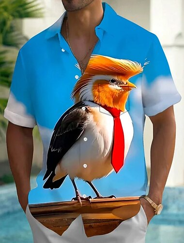  Tag der Unabhängigkeit Herren Vogel Lustig Patriotisch Hemd Sommerhemd Knopfhemd Kurzarm Modisch lässig Ferien Sommer Frühling Umlegekragen 3D-Druck Hemden mit Kragen Eine Tasche vorne Blau