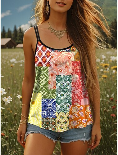  Damen-Camisole-Tanktop mit Grafik, Flagge, Vintage, stilvoll, lässig, ärmellos, Rundhalsausschnitt, normale Oberteile, Alltag, Urlaub, Druck, Gelb, Rosa, Orange, Sommer, Frühling