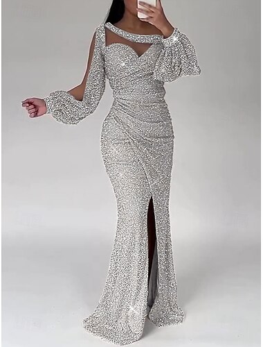  Robe de soirée sirène en sequins robe de fête formelle traîne balayeuse manches longues encolure arrondie avec paillettes fente froncée robe de masquerade 2025