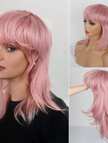  マレットウィッグ ブラック女性用 ストレートウルフカットウィッグ マレットウィッグ バング付きレイヤードマレットウィッグ ソフト合成シャグ 80年代90年代マレットウィッグ 女性用ロッカーコスプレウィッグ ハロウィンウィッグ