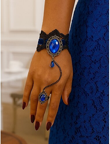  Gothic-Spitzenarmband-Ringset für Damen mit rotem Edelstein, Vintage-Kettenhandschmuck für Halloween-Partys, Cosplay und Outfits im Retro-Stil