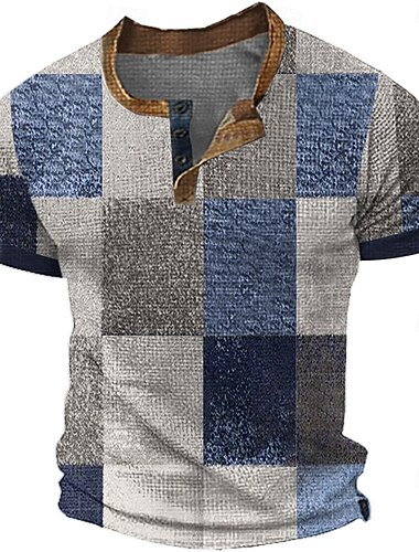  Hombre Patrón de mosaico falso Henley Shirt Camiseta de gofres Manga Corta Diario Retro Antiguo Clásico Deporte Casual Festivos Primavera verano Todas las Temporadas Azul Amarillo Verde Rojo Gris
