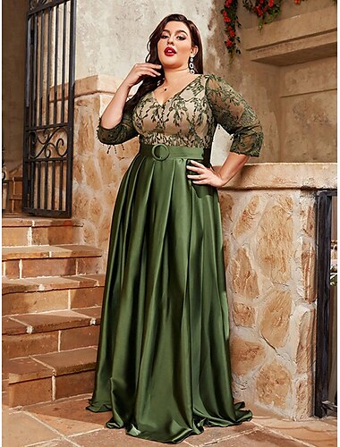 A-Linie Abendkleid Elegant Kleid Formell Hochzeit Bodenlang Dreiviertelarm V Ausschnitt Satin V-Ausschnitt mit Falten 2025
