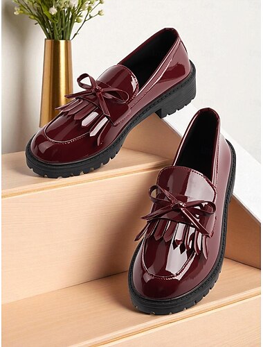  Damen Burgunder Lackleder Loafers mit Quaste und Schleife Vintage Flache Schuhe für legere Dates und den Alltag