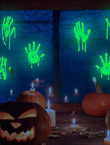  Adesivo di Halloween che si illumina al buio, impronta di mano insanguinata, adesivo da parete fluorescente autoadesivo per porte in vetro, decorazione per feste, adesivi spaventosi rimovibili