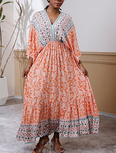  Dames Lange jurk maxi-jurk Casual jurk Swingjurk Boho-jurk Westerse kleding Elegant Modieus Romantisch Buiten Vakantie Feest Normale pasvorm Bloem Lange mouw V-hals Oranje Lente Herfst