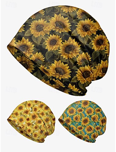  Beanie-Mütze mit Sonnenblumen-Print für Damen, leichte Freizeitmütze aus Stretch-Polyester, weiche und atmungsaktive Kopfbedeckung, kann als Halstuch verwendet werden, geeignet für Freizeitkleidung, Outdoor-Aktivitäten und Reisen