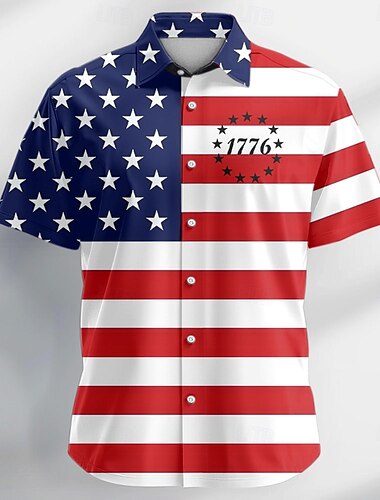  Tag der Unabhängigkeit Herren US Flagge Patriotisch 1776 Hemd Freizeithemd Kuba-Kragen-Hemd Kurzarm Modisch lässig Ferien Streetwear Sommer Frühling Hemd mit Camp-Kragen 3D-Druck Hemden mit