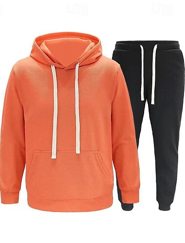  Voor heren Trui met capuchon Trainingspak sweatsuit Zwart Wit Kameel Oranje Lichtgrijs Capuchon Effen 2-stuks Sport & Outdoor Dagelijks Feestdagen Polyester Streetwear Basic Casual Lente Herfst