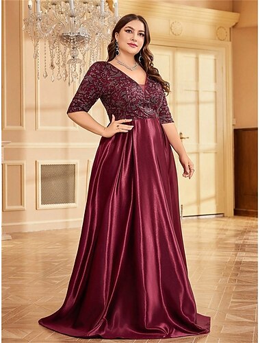  A-Linien Plus Size Kleider Elegantes Kurvenkleid Formelles Hochzeitsbodenlänges Halbärmel V-Ausschnitt Polyester mit Falten 2025