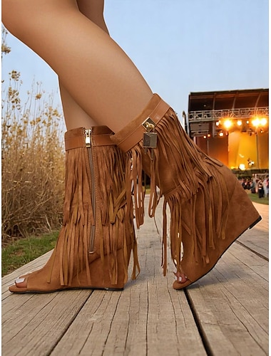  Γυναικείες μπότες με κρόσσια από σουέτ με peep-toe, φερμουάρ και κλειδαριά – boho στυλ φεστιβάλ για μουσικές συναυλίες και υπαίθριες εκδηλώσεις