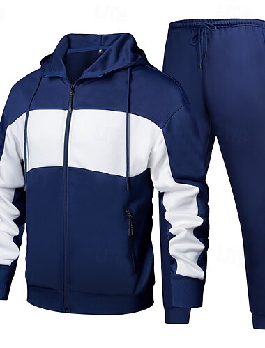  Herren Reißverschluss Kapuzensweatshirt Trainingsanzug Athleisure Herbst Langarm Winddicht Fitnessstudio Training Sport Sportbekleidung Sportkleidung Farbblock Schwarz Dunkelmarine