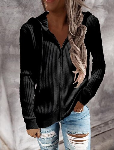  Damen Strickjacke Lässig Einfarbig Gehäkelt Mit Kapuze Reißverschluss Gestrickt Langarm Normale Oberteile Stricken Outdoor Ferien Wochenende Schwarz Weiß Herbst