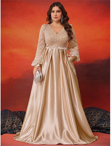  A-Linien Plus Size Kleider Elegantes Kurvenkleid Formelles Hochzeitsbodenlänges Langärmel V-Ausschnitt Satin mit Falten 2025
