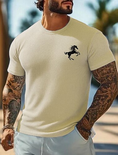  Herren Pferd Waffelhemd Kurzarm T-Shirt 3D-Druck Rundhalsausschnitt Hemd Urlaub Tropisch Täglich Urlaub Lässig Täglich Hellblau Hellgrün Rosa Sommer Frühling Bekleidung S M L XL XXL XXXL