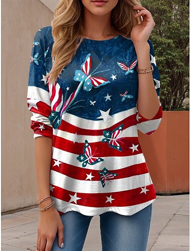  独立記念日 女性 パトリオティック フォース オブ ジュライ Tシャツ グラフィック アメリカン フラッグ ヴィンテージ スタイリッシュ カジュアル 長袖 クルーネック レギュラー トップス デイリーレザープリント レッド ブルー ダスティーブルー 夏