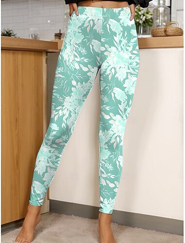 Damen Leggings Vintage Mode Lässig Volle Länge Hohe Taille Blumen Grafik Drucken Atmungsaktiv Weich Dehnbar Urlaub Lässig Täglich Violett Rubinrot Grün Khaki Sommer Frühling Schmale Passform