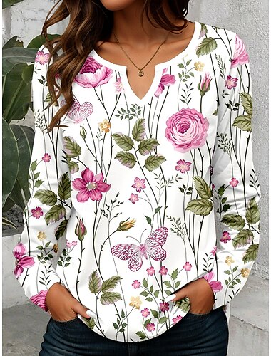  Damen T Shirt Blumen Grafik Pflanzen Vintage Stilvoll Klassisch Langarm V Ausschnitt Einkerbiger Ausschnitt Normale Oberteile Täglich Druck Khaki Rosa Leicht Blau Frühling Herbst