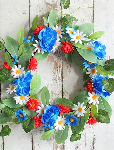  Patriottische madeliefjeskrans voor 4 juli, rode witblauwe kunsttakjesbloemenkrans, decoratie voor aan de muur op de deur van de onafhankelijkheidsdag
