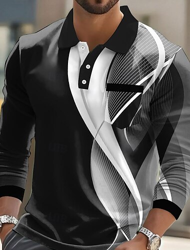  Homens Geométrica Linha Pólo Manga Longa Camisas polo Camisas de colarinho Business casual O negócio Roupa Esportiva Roupa Diária Botões Bolsos Impressão 3D Primavera Outono Inverno Preto Azul Azul