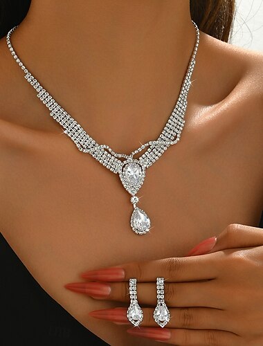  Brautschmuck-Sets 2 Zirkon 1 Halskette Ohrringe Damen Niedlich Künstlerisch Anhänger Stil Lieblich Klassisch Tropfen Liebe Diamant Wassertropfen Schmuck-Set Für Hochzeit Arbeit Geschenk